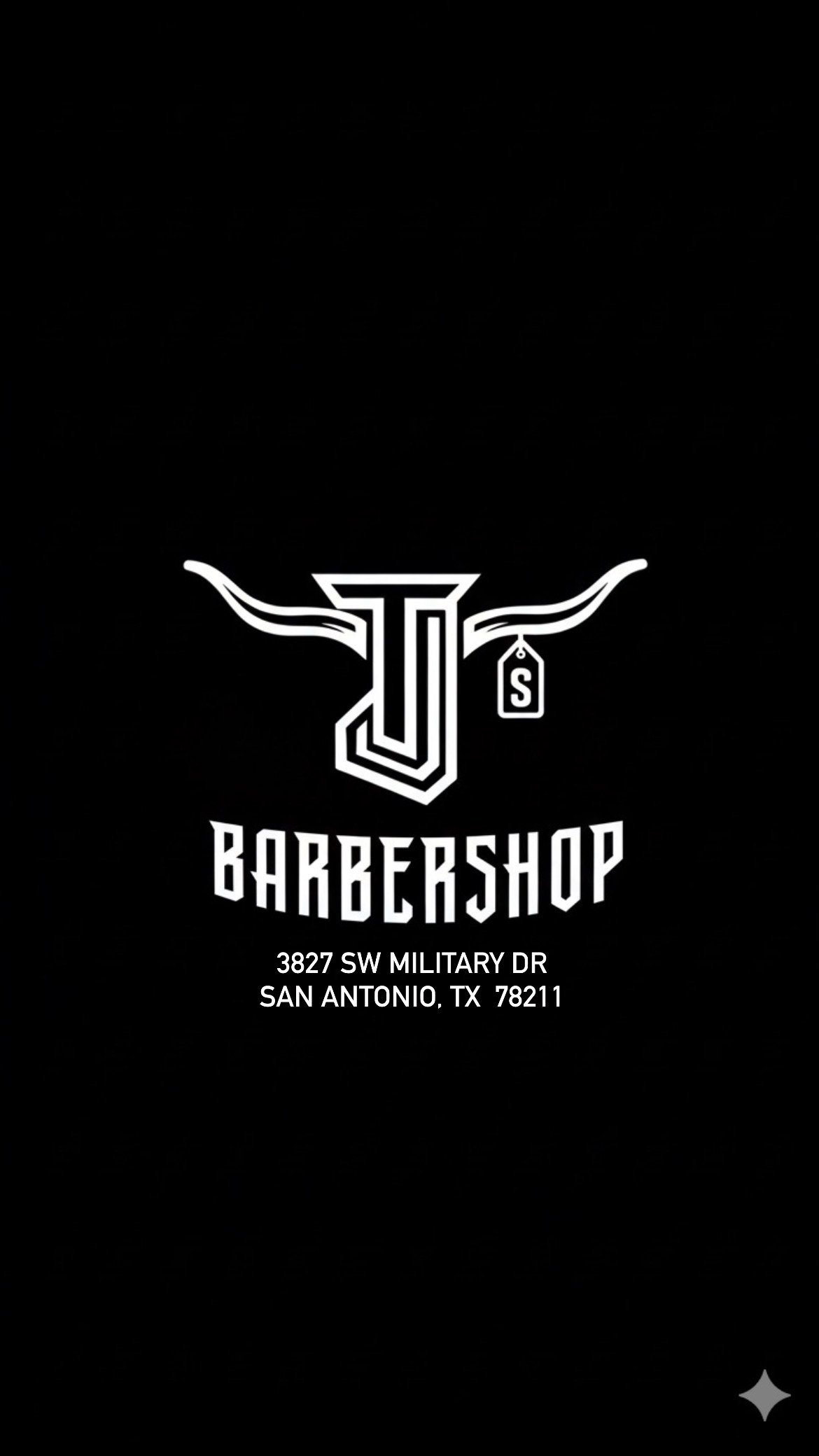 JT Barbershop logo with longhorn horns design, address 3827 SW Military Dr, San Antonio, TX 78211