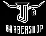 White line art logo of horned bull with dollar sign tag above BARBERSHOP text on black background