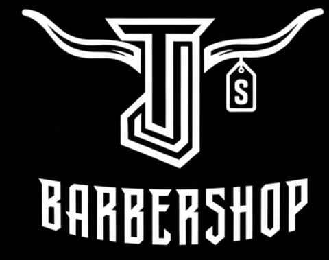 White line art logo of horned bull with dollar sign tag above BARBERSHOP text on black background